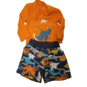 Carters Child of Mine Baby Boys 12M Rash Guard Swim Trunks Set Orange Navy Blue